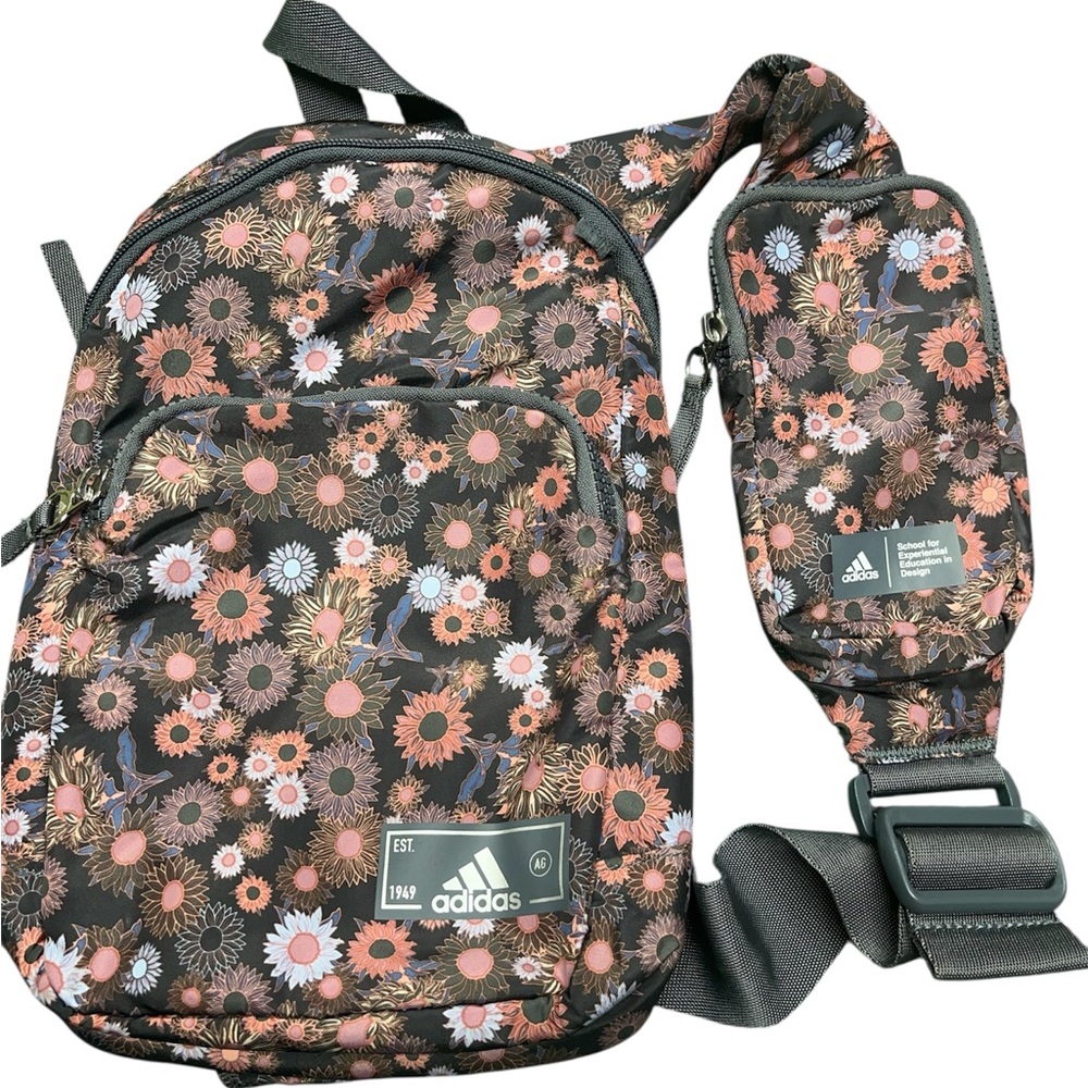 Adidas Black Floral Backpack with Phone Pouch Crossbody